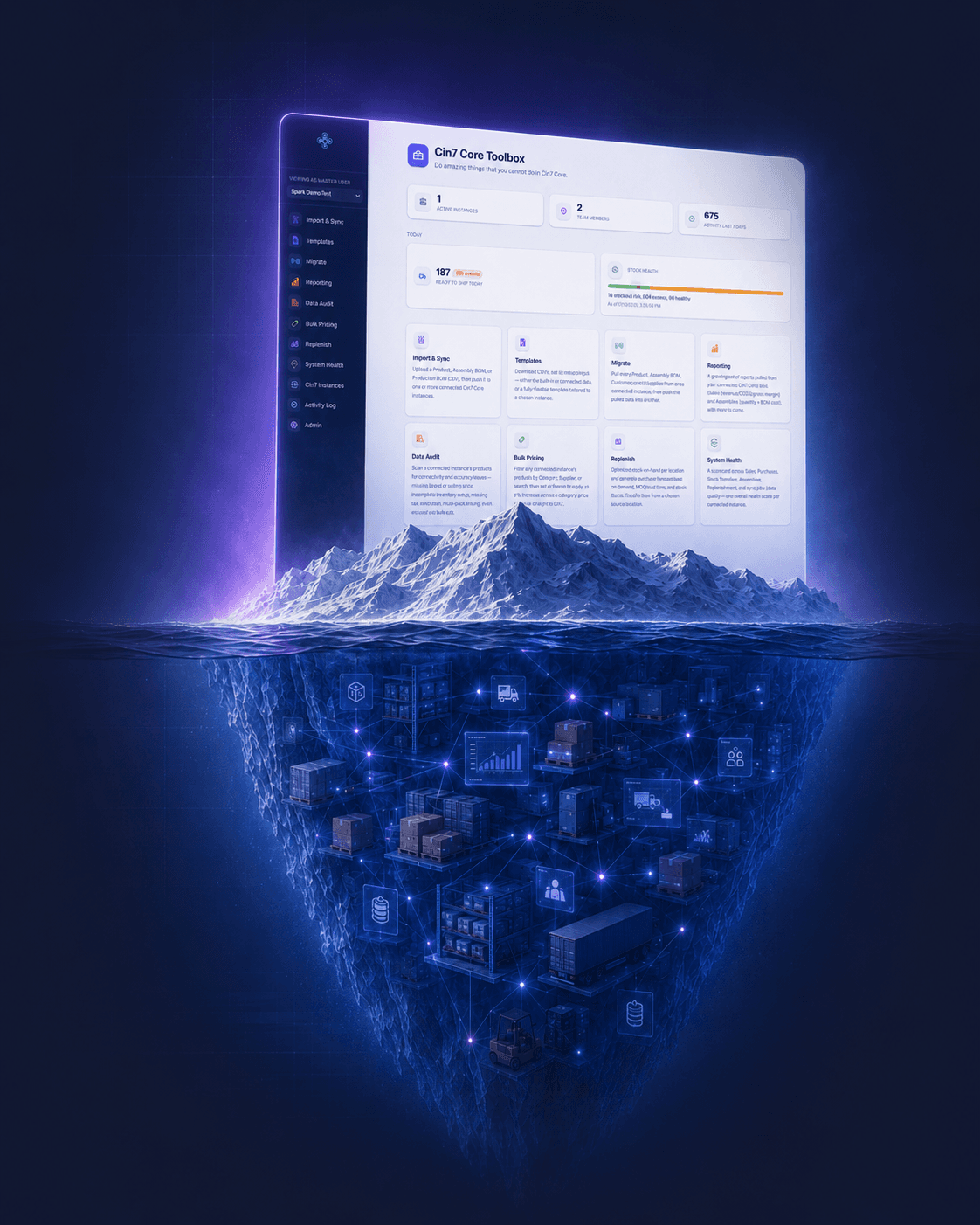 The real Cin7 Core Toolbox dashboard floating above an iceberg — above the surface, active instances, ready-to-ship and stock health at a glance; below it, the connected network of locations, stock, and data every module works across.